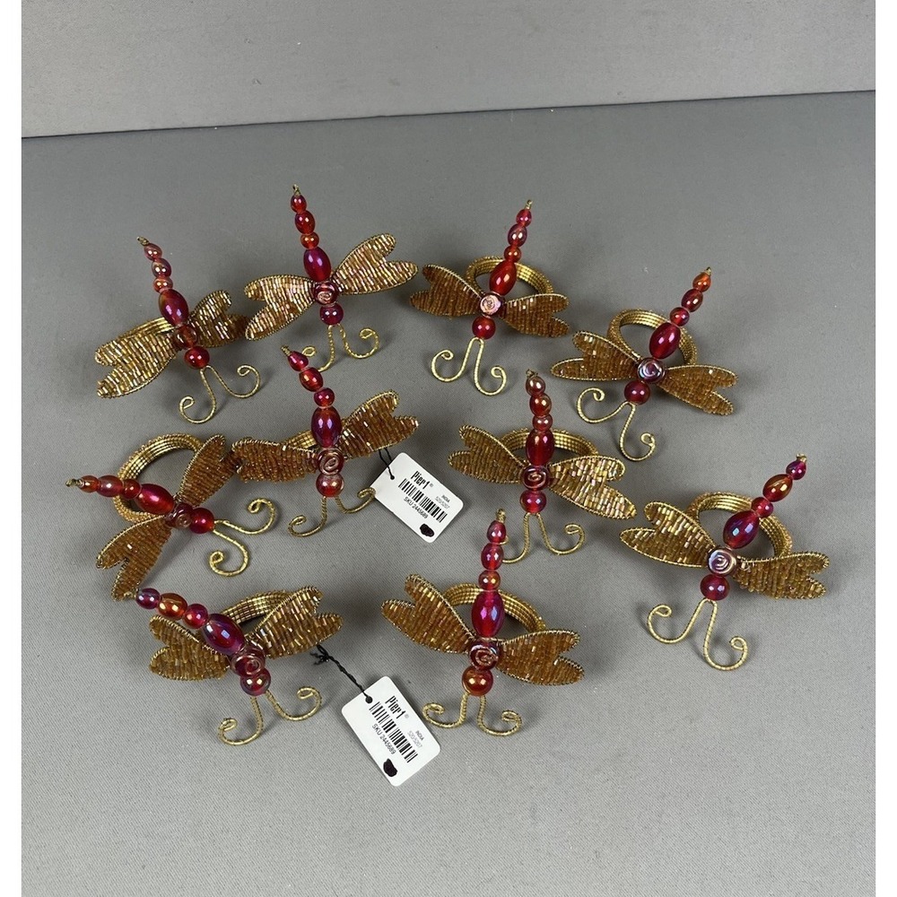 10 Pier One Imports Beaded Dragonfly Napkin Rings Gold Wire Wings & Orange Beads